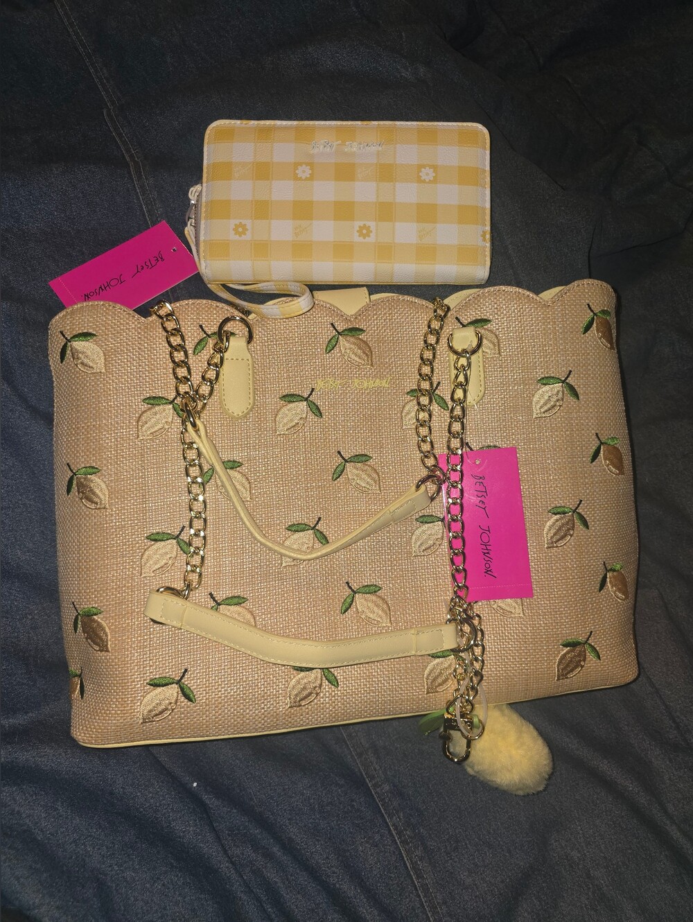 NWT Betsey Johnson Yellow Lemon Embroidered Tote with Matching Check Wallet